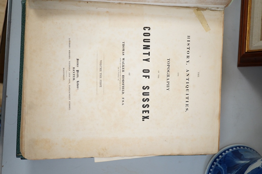 Horsfield, Thomas Walker - The History, Antiquities, and Topography of the County of Sussex. 2 vols. 56 plates and portraits. 2 folded and partly coloured maps and num. text engravings; sometime rebound green morocco wit